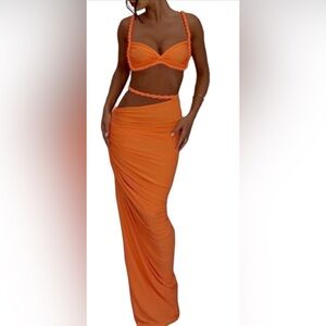 Orange Two-Piece Bra Top & Maxi Skirt Set